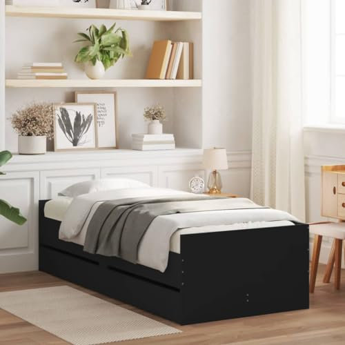 vidaXL Black Single Bed Frame with Storage Drawers - Engineered Wood Bedstead 90x190 cm - Home Bedroom Furniture with Plywood Slats