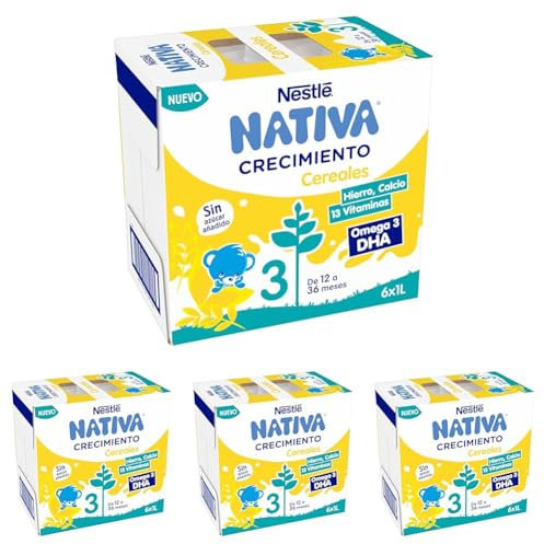 NESTLÉ NATIVA Leche de crecimiento líquida con Cereales sin azúcar añadido para bebés a partir de 1 año. 6 bricks de 1L (Paquete de 4)