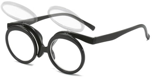 VEVESMUNDO Flip Up Lesebrille Runde Schminkbrille Auf und Bb Klappen Brillen mit klappbaren Glaesern +1.0,+1.5,+2.0,+2.5,+3.0,+3.5,+4.0 (1 Stück Hell Schwarz, +2.5)