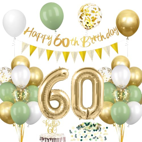 60. Geburtstag Deko Salbeigrüne, Deko 60 Geburtstag Frau Mann, 60er Geburtstag Luftballon mit Girlande, Geburtstag 60 Tortendeko Grün Gold, Avocado Grüne Konfetti Ballon für 60. Geburtstag Party Deko