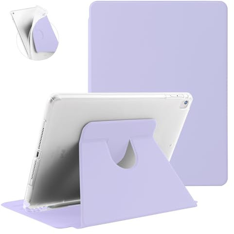 Koze Funda Rotación para iPad 9,7 Pulgadas iPad 6.ª 5.ª generación y iPad Air 1.ª 2.ª con Portalápiz, Carcasa Visión Multiángulo Giratoria 360°, Cubierta Trasera Translúcida Suave Antigolpes, Morado