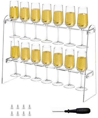 Hexsonhoma 2 Tier Acrylic Champagne Flute Holder Stand with 14 Slots, Stemware Champagne Glasses Display Rack, Tabletop Champagne Wall Holder for Party 50 Fit up to 8oz Champagne Flutes(Glasses Not