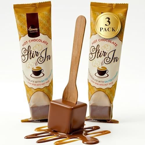 Hames Salted Caramel Hot Chocolate Spoons Pack of 3 with Wooden Stirrers | Salted caramel milk chocolate spoons with wooden stirrers, pack of 3, flow wrapped and 100% recyclable for creamy hot drinks