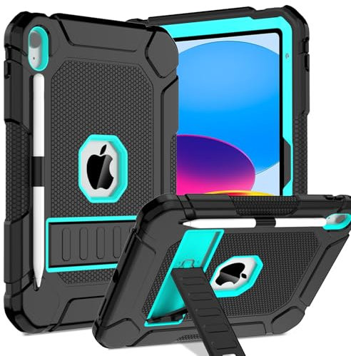 TOPWANT Case for iPad (A16) 11th Generation (11-inch, 2025)/iPad 10th Generation (10.9-inch, 2022), Heavy Duty Shockproof Rugged Protective Case with Kickstand & Pencil Holder, Black+Turquoise