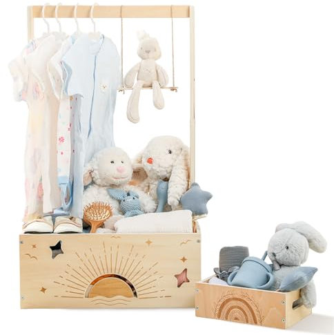 OESSUF Holz Baby Geschenk Korb mit verstellbarer Griff,Kleiderbügel, Aufbewahrungsbox,2 in 1 Personalisierte Babyparty Geschenk Babykorb für Neugeborene