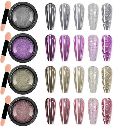 4 Farben Chrome Nail Powder - Spiegel Effekt Metallic Staub Holographische Glitter Glasierte Maniküre Dekoration Reflektierendes Pigment für DIY Gel Polish, Geschenke für Silber, Gold, Rosa & Lila