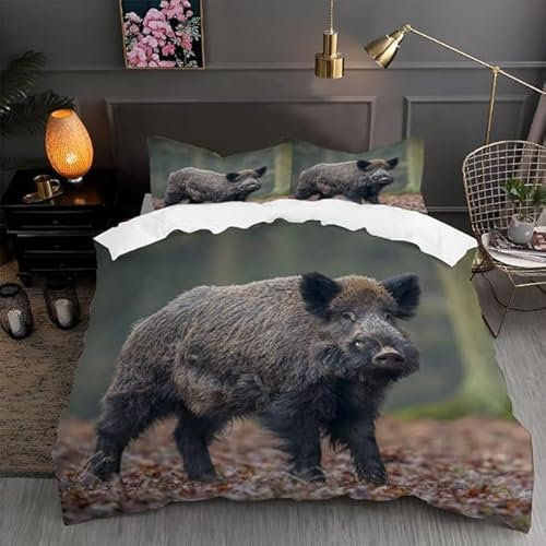 TACOKI Bettwäsche 135x200 Wildschwein, 3D Muster Wildschwein Bettwäsche Set Weich Kuschelig Mikrofaser Bettbezug mit Reißverschluss Bettbezüge + 2 Kissenbezug 80x80 cm 487z