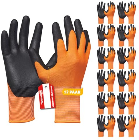 Gebol Eco Flex Orange Arbeitshandschuhe, 12 Paar, Gr. 9/L, Nitril-Grip | Für Werkstatt, Montage & KFZ, sicherer Halt bei jedem Griff, feines Tastgefühl, angenehme Passform