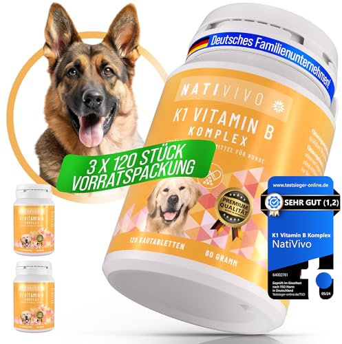 NatiVivo K1 Vitamin B Komplex Hund – hochdosierte Hunde Vitamine mit Vitamin B1, B12 & Folsäure Vitamine für Grosse Hunde > 15 kg 120 Premium Tabletten Nicht teilbar Made in Germany