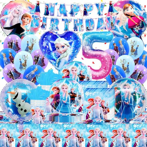 93 Pezzi Els Decorazione Compleanno 5 Anni, Gozuein Decorazione Compleanno Froze per Ragazze, Set di Stoviglie Festa Compleanno Froze con Piatti Asciugamani di Carta Tovaglie Bicchieri di Carta