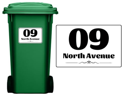 4-Teiliges Set Personalisierte Mülltonnenaufkleber,Wetterfest Aufkleber mülltonne mit Hausnummer und Straßenname,Personalisierte Mülltonnen Aufkleber für Wheelie Bins,100 x 150/148 x 210/180 x 270 mm