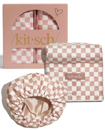 Kitsch Love & Comfort 2-teiliges Spa-Set – mit Satin gefütterte, wiederverwendbare wasserdichte Duschhaube und XL-schnell trocknendes Haartuch für Frauen, Mikrofaser-Handtuch, flexible Duschhaube für