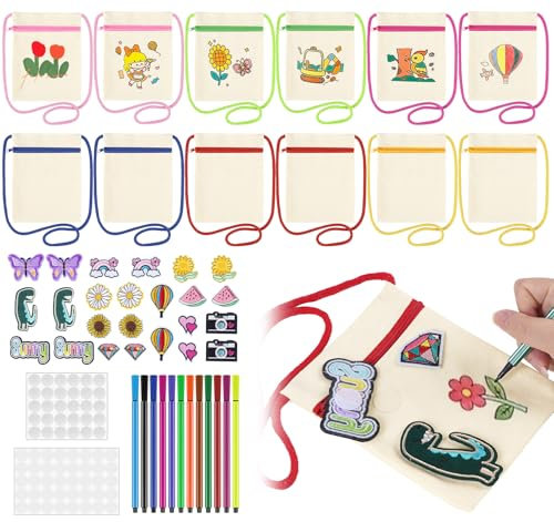 BLISSIQUEE Bastelset Kinder Stoffbeutel Zum Bemalen Musterersatz Blank Stofftaschen zum Bemalen Taschen Bemalen Lustige Geschenke für Mädchen 3-12 Jahre Kindergeburtstag Basteln Kreative Geschenke