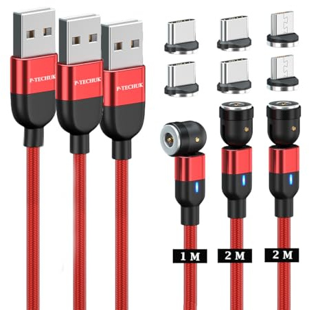 P-TECHUK 540° Rotating Magnetic 3 in 1 Charging Cable, Phone Charging Cable, Magnetic Charger Cable (3 x cables, 6 x tips) A15 (Red)