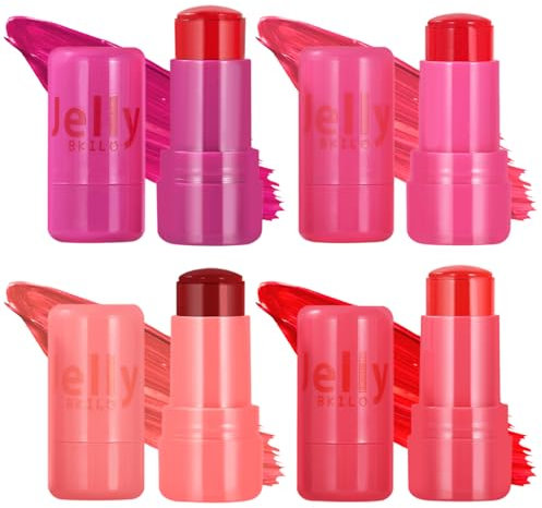 4 Stück Milk Jelly Blush Milk Jelly Blush Stick für Augen Wange und Lippen Langanhaltend & Aufbaubar mit Hyaluronsäure & Aloe Leicht Atmungsaktiv Make-Up-Set Für Mädchen Frauen