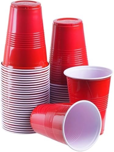 Efforias 100 X 16oz Red Party Cups for Christmas, Garden Party, Weddings, Picnics - Red Plastic Cups Reusable and Recyclable