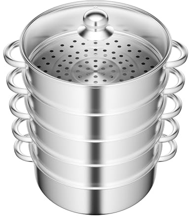Soudesileim olla de vapor, olla de 5 capas, vapor, tapa de vidrio, 4 tostadoras y 1 cacerola grande, apta para lavavajillas, cocina redonda (28 cm)