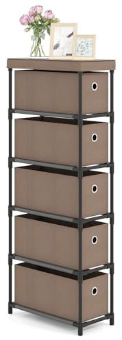 COSTWAY schmaler Kommode mit 5 Schubladen & Metallrahmen & Holzplatte, Aufbewahrungsturm Kleidung Organizer, Platzsparende Stoffkommode für Wohnzimmer, Büro, Kleiderschrank, Flur (braun)