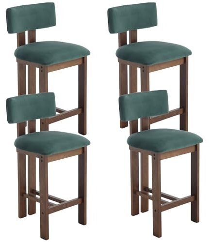 chairus Tabourets de Bar Vintage en Bois Lot de 4 Chaise de Bar en Velours, Pied en Bois Massif, Chaise Haute Bar pour Comptoir, Vert