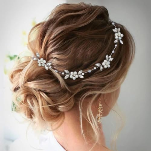 Carufin Crystal Bride Hair Vine Leaves Silver Wedding Headband Pearl Flower Bride Bridesmaids Women Hair Accessories (Green, One Size)
