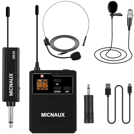 MICNAUX Wireless Lapel Microphone System with Headset & Lavalier Mics, UHF Bodypack Transmitters, Mini Rechargeable Receiver, 48 Channels in 500MHz, 260ft Range, Plug & Play for Wedding Speech Church