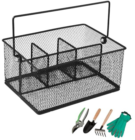 ZoeQide Metall Gartengeräte Korb – Robuster Garten Werkzeugkorb aus Carbon-Stahl mit 4 Fächern & Mesh Design, tragbar, wetterfest – Garten Zubehör Organizer mit Griff