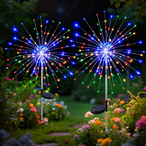 btfarm 2 Pack Solar Garden Lights Outdoor, 8 Modes Firework Lights Outside