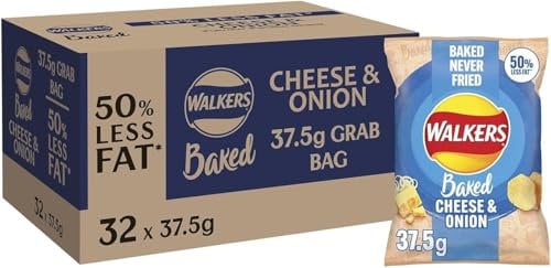 Walkers Oven Baked Crisps 37.5g Bags, Low Calorie Snacks (32 Bags x 37.5g, Cheese & Onion)