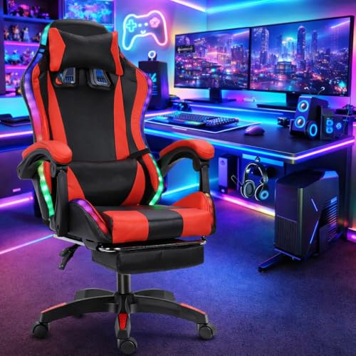 sexaoalx Gaming Chair with Bluetooth-compatible Speakers & RGB LED Lights,Computer Chair and Lumbar Support,Height Adjustable,for Office, Black & Red