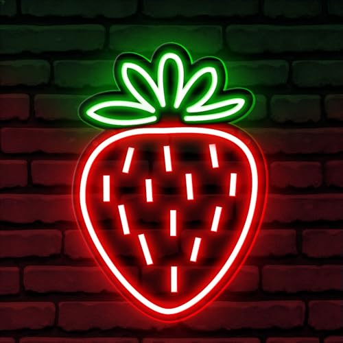 Letrero de neón de fresa alimentado por USB, luz nocturna LED de frutas rojo y verde, luces de neón para decoración de pared, fiesta de cumpleaños, boda, listo para colgar (5 V, 9.45 x 13.78 pulgadas)