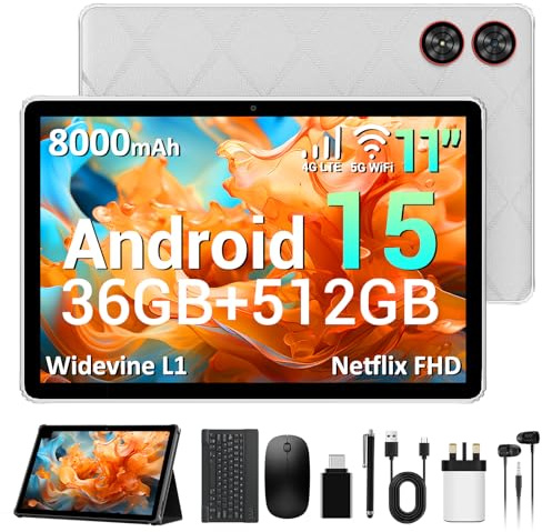 AXETOP Android 15 Tablet, 11 Inch Tablet with Sim Card Slot, 36GB+512GB (TF 1TB), 4G LTE & 5G WiFi, Widevine L1, 2000 * 1200 IPS, 8000mAh/8MP+13MP/OTG/GPS, Tablets with Keyboard/Pen/Mouse/Case - Gray