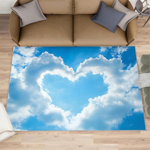 FBRUIEG Blue Sky Area Rug White Clouds Rugs for Living Room, Heart-Shaped Cloud Bedroom Rug Machine Washable Rugs for Sofa Kitchen Dining, Non-Slip Home Decor Carpet - 180x240cm