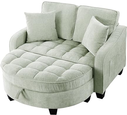 Schlafsofa mit Schlaffunktion und Verstellbare Rückenlehne, 2-Sitzer Klappbares Sofa Couch mit Halbrunder Fußhocker, Seitliche Taschen, Fußhocker mit Stauraum, 129×132×93cm, HNDE202511107 (Grün)