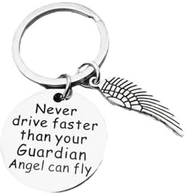 ZWWOGE Porte-clés Drive Safe avec Aile d'Ange, Comprend 2 Autocollants Offerts pour Jeune Conducteur (20x7 cm), Cadeau de Protection Nouveau Permis