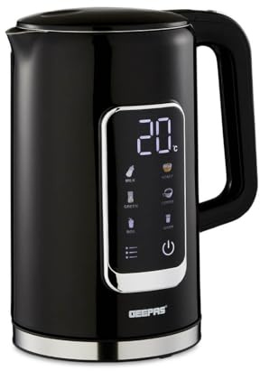 GEEPAS Digital Electric Kettle | 1.7L Jug Kettle 5 Temp Setting One-Touch Display Double Wall 2Hr Keep Warm Func. Stainless Steel Interior Boil-Dry Protection Cordless 2200W Black (Renewed)