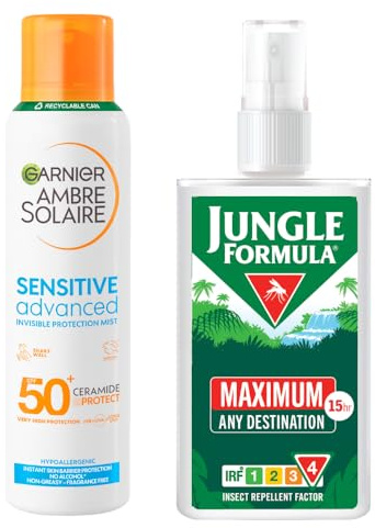 Jungle Formula Maximum Strength Insect Repellent Pump Spray (90ml - 50% DEET) & Garnier Ambre Solaire Sun Spray SPF 50+ (150ml) - Travel Bundle for Insect and Sun Protection