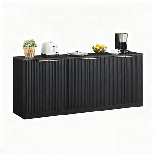 HAINEW Sideboard Kommode mit 6 Türen und Vertikalen Streifen, Buffetschrank Beistellschrank Aufbewahrungsschrank Küchenschrank, Gebogene Ecken, 170×40×70,5cm, Schwarz, HD26031610