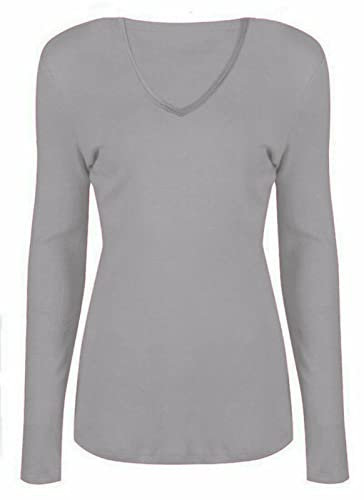 WearAll New Ladies V Neck Stretch Womens Long Sleeve Top Light Grey 8/10