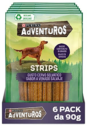 Adventuros Purina Strips Snacks, premios, chuches para Perros, 6 bolsas de 90g