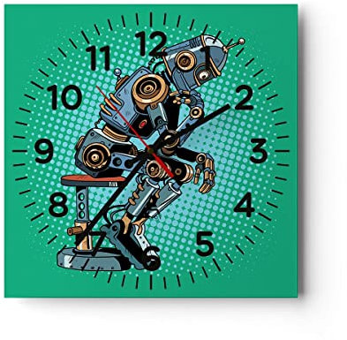 Modern Wanduhr Roboter Illustration Karikatur Comic 40x40cm Quadrat Groß Wand Uhr Glas Analog Zimmeruhren Küche Büro Wohnzimmer Glasuhr Wall Clock Dekoration Design Küchenuhr C4AC40x40-3194