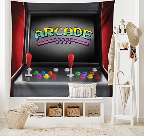 ABAKUHAUS Retro Wandteppich und Tagesdecke, Arcade Retro Fun aus Weiches Mikrofaser Stoff Waschbar ohne Verblassen Digitaldruck, 230 x 140 cm, Schwarz Rot