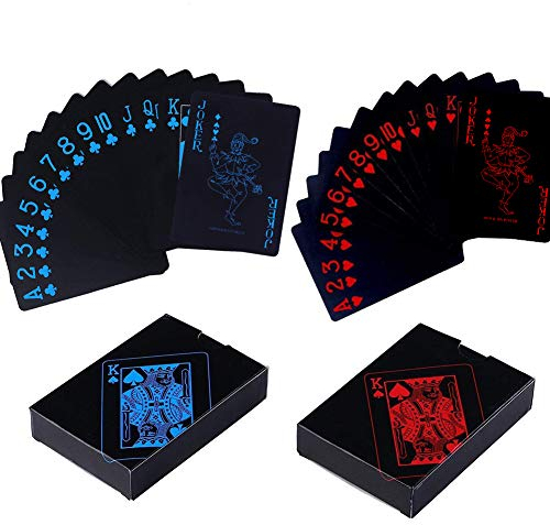 BETOY Spielkarten 2PCS wasserdichte Poker Karten Kunststoff Pokerkarten Black Spielkarten Spiele Kinder & Erwachsene Familienparty Spiel Playing Cards (Blau & Rot)