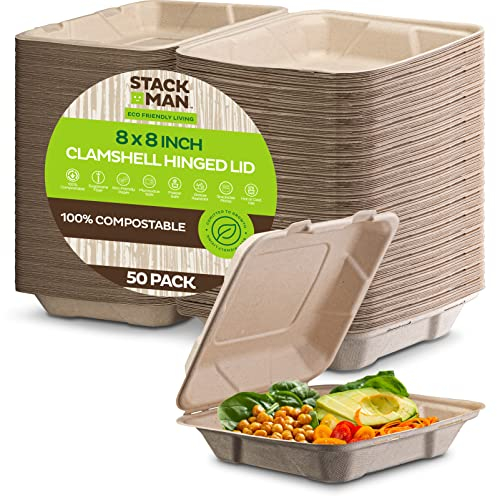 Contenedores de alimentos 100% compostables para sacar, paquete de 50 unidades, de calidad resistente, bagazo desechable natural, biodegradable, hecho de fibras de caña de azúcar