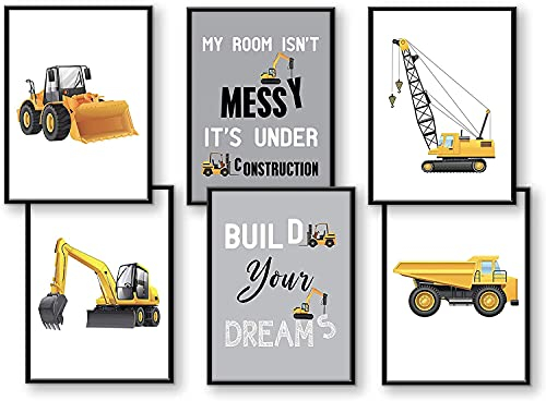 WIETRE® 6er Set Bilder Baufahrzeuge Bagger Kran Kinderzimmer Deko | Bild Junge Babyzimmer Poster DIN A4 | LKW Baustelle Stapler Walze Auto Fahrzeuge Dekoration (mit schwarzen Rahmen)