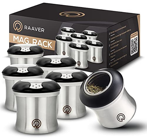 RAAVER® MagRack, Gewürzstreuer magnetisch inklusive Gewürzetiketten - 6 Gewürzdosen mit magnetischem Boden - Lebensmittelgerecht aus 304 Edelstahl, BPA-freier Streuaufsatz