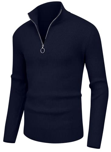 Hisir Pullover Herren Strickpullover 1/4 Zip Pulli Männer, Bequem Weich Warmer Winter Pullover für Männer Herren Pullover mit Stehkragen mit Reißverschluss (Marineblau, M)