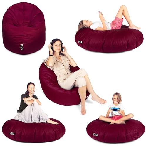 PATCH HOME Patchhome Sitzsack 2 in 1 Sitzkissen Bodenkissen für Erwachsene & Kinder - Gaming mit Füllung Kissen Sessel BeanBag (Ø 125cm, Weinrot)