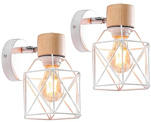 iDEGU 2 Stücke Vintage Wandlampe 15CM Wandleuchte Industrial Design Geometrischem Käfig Lampenschirm Retro Lampe aus Holz Eisen Verstellbare Deckenleuchte Wandleuchte für Schlafzimmer Flur(Typ-A Weiß)