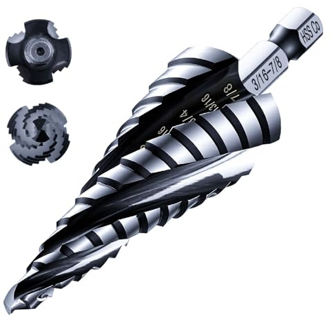 AugTouf Four Spiral Flute Cobalt Step Drill Bit(Pro Max), 3/16 - 7/8(12 Step Size) Impact Ready Four Spiral Flute Unibit Step Bit, 1/4 Hex Shank Unibit for Metal, Stainless Steel, Aluminum, Wood, Plastic