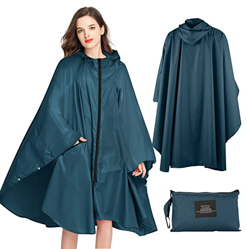 SOPPY Regenmantel für Frauen, Langer Regenponcho wasserdichte Regenbekleidung Regenjacke Winddichte Regencape Raincoat Regenschutzbekleidung mit Pattentasche Kapuze Tunnelzug, Navy blau(UK)